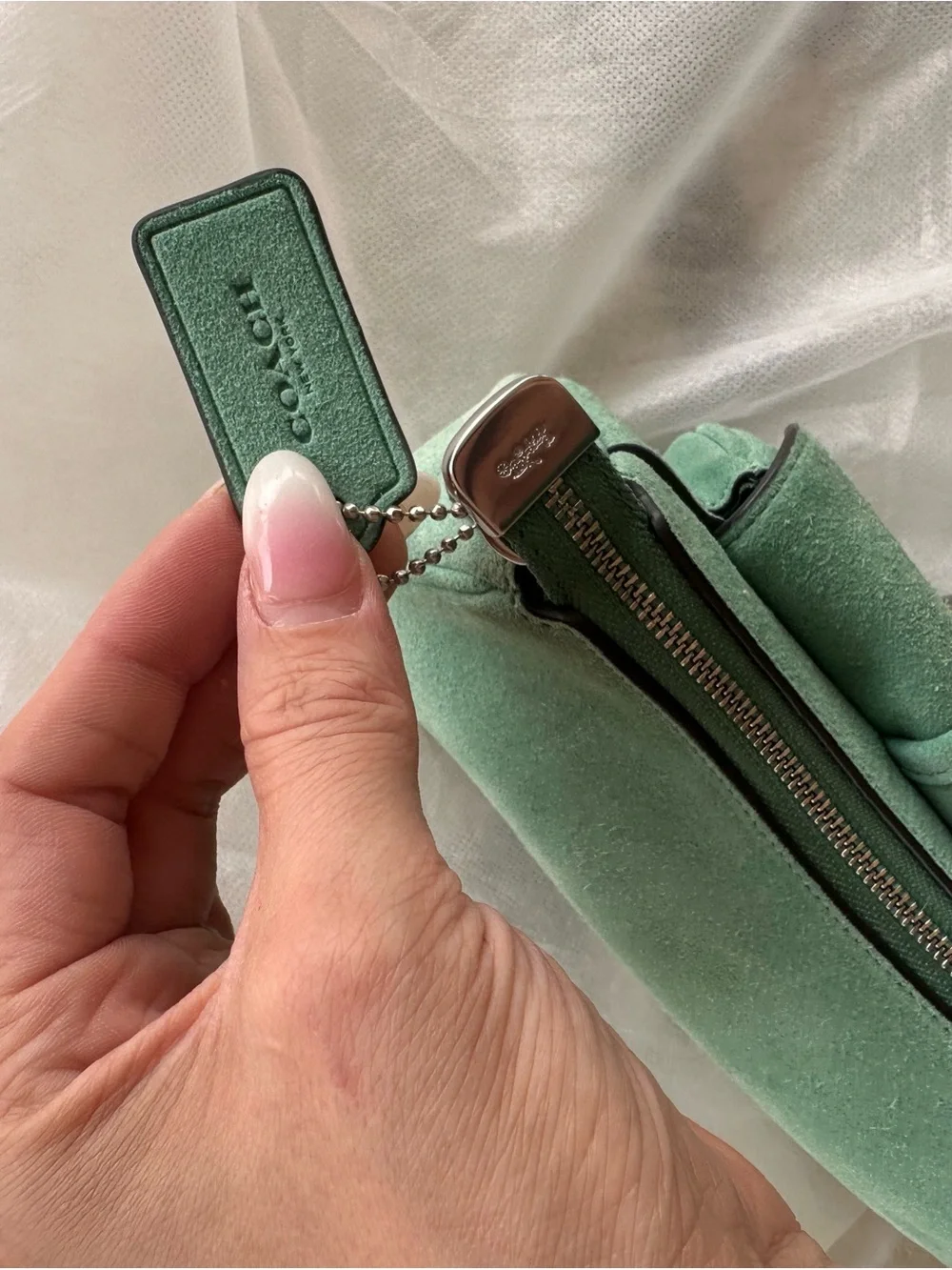 Coach Mini Suede Shoulder Bag in Mint Green with Silver Hardware